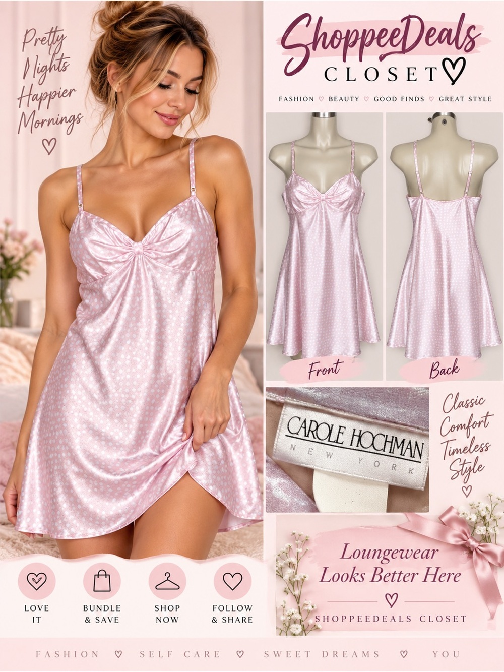 Carole Hochman New York Satin Polka Dot Chemise Nightgown